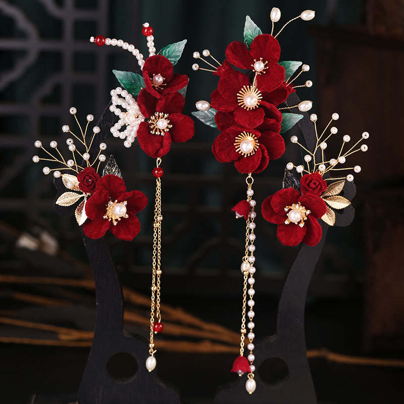 Antiquity Red Flowers Pearl Tassel Hair Clip Set