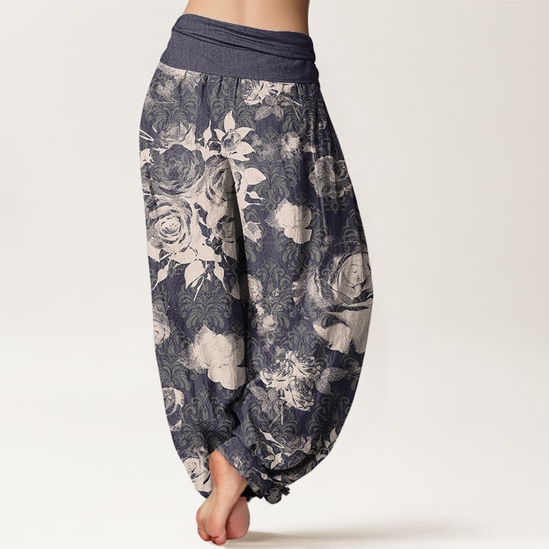 Casual White Roses Women's Elastic Waist Harem Pants