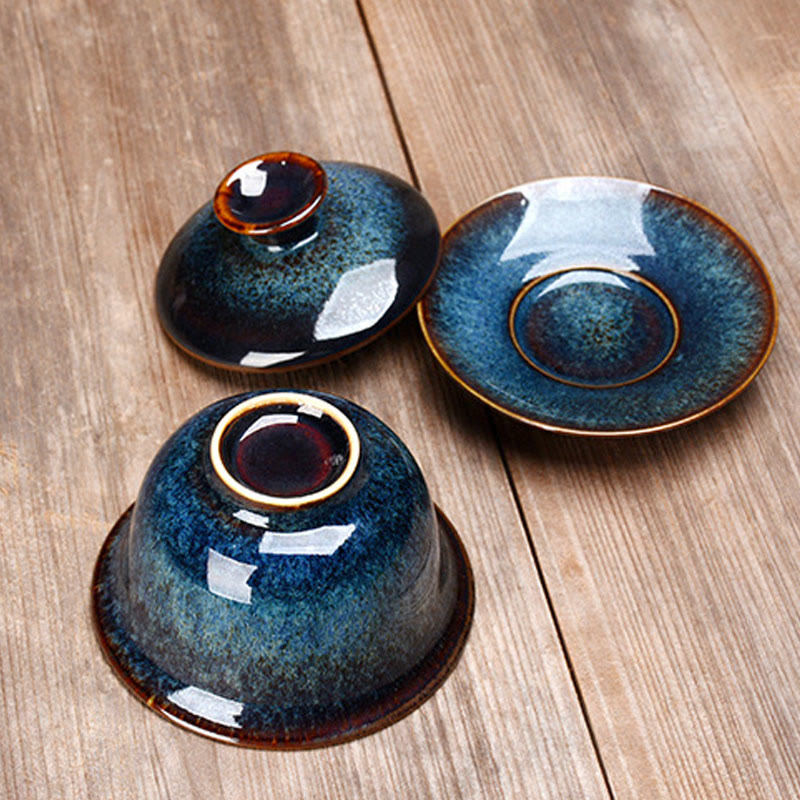 Vintage Kiln Change Design Ceramic Gaiwan Sancai Teacup Kung Fu Tea Cup And Saucer With Lid