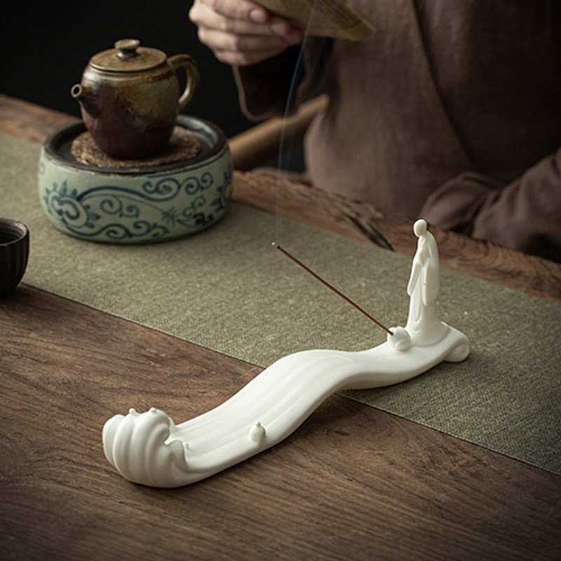 mystic zen Monk Ceramic Sea Wave Mountain Blessing Incense Burner Decoration