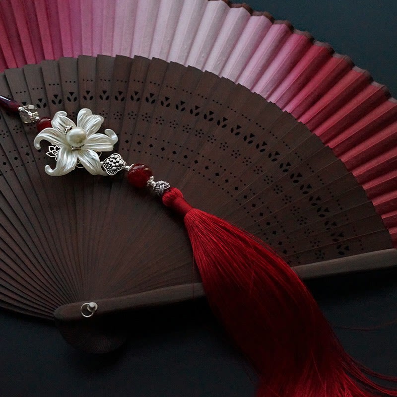 Red Lily Tassel Hollow Rib Silk Handheld Bamboo Folding Fan