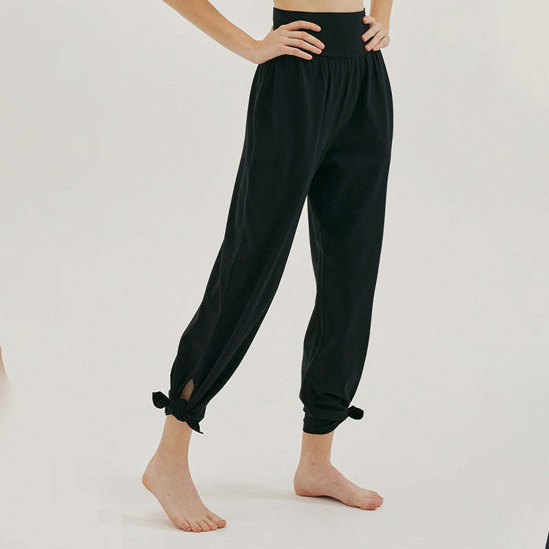 Casual Loose Tie-down Hem Plain High Waist Women's Leica Pants With Pockets