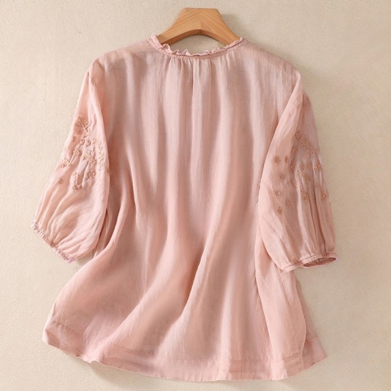 Casual Plain Button Floral Embroidered Design Puff Half Sleeve Cotton Linen Women's Shirt