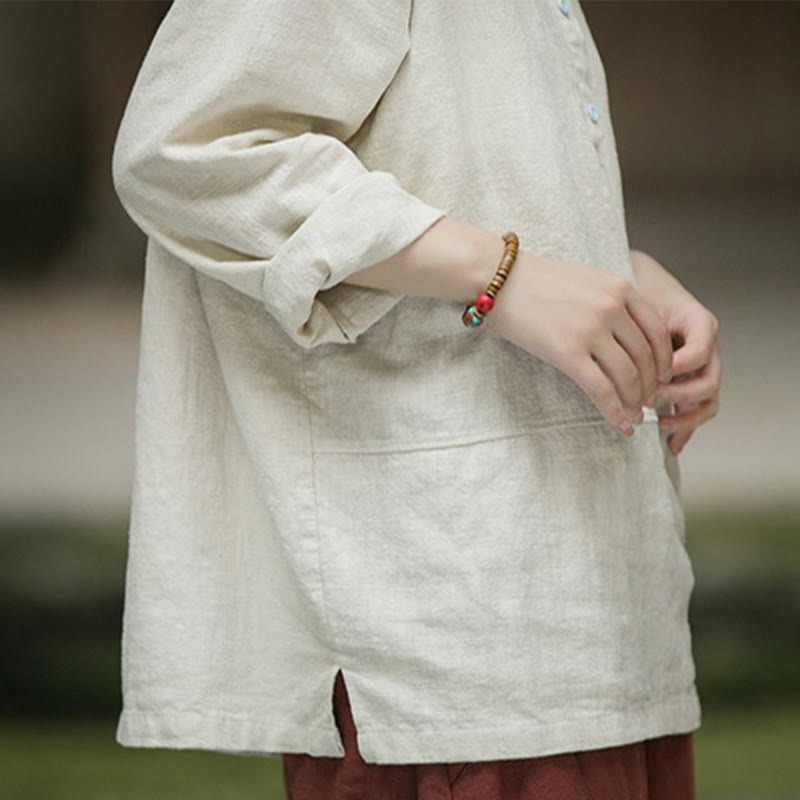 Solid Color Long Sleeve Ramie Linen Half Button Women's Shirt