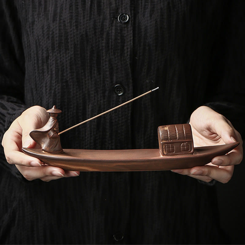 Fisherman Fishing Boat Bamboo mystic zen Hand Lotus Spiritual Healing Ceramic Stick Incense Burner Decoration