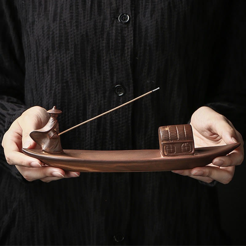Fisherman Fishing Boat Bamboo mystic zen Hand Lotus Spiritual Healing Ceramic Stick Incense Burner Decoration