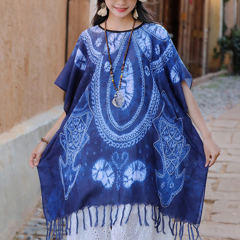Blue Geometry Batik Shawl Tassels Cozy Travel Pullover 90*95cm