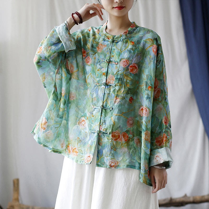 Pink Flowers Green Leaves Print Frog-button Design Long Sleeve Ramie Linen Jacket Shirt