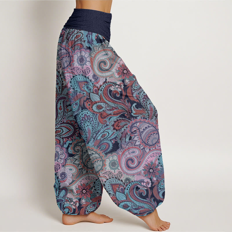 Colorful Cashew Flower Pattern Design Women's Elastic Waist Harem Pants