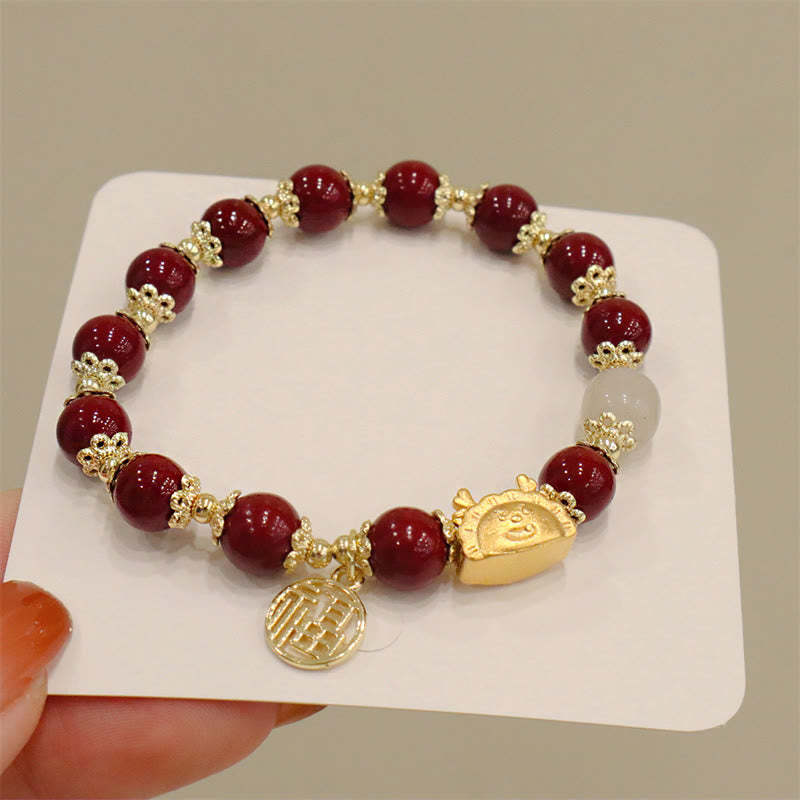 Year Of The Dragon Red Agate Strawberry Quartz Black Obsidian Jade Garnet Pearl Cinnabar Dumpling Dragon Luck Fu Character Bracelet