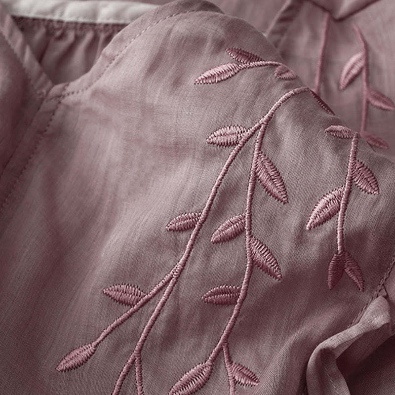 Casual Plain Embroidery Willow Leaf Half Sleeve V-neck Women's Shirt