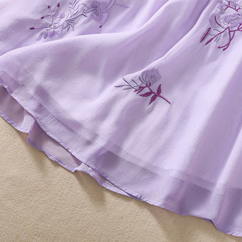 Embroidery Plants Flower Half Sleeve Plain Frog-Button Stand Collar Women's Shirt