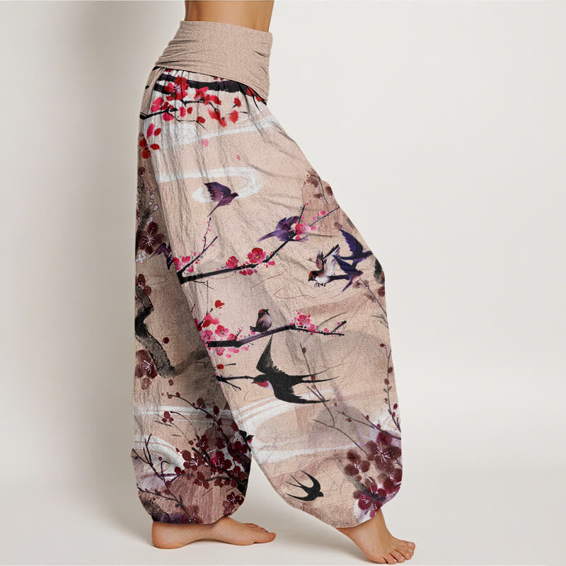 Casual Plum Blossom Bird Mountain Pattern Women's Elastic Waist Harem Pants