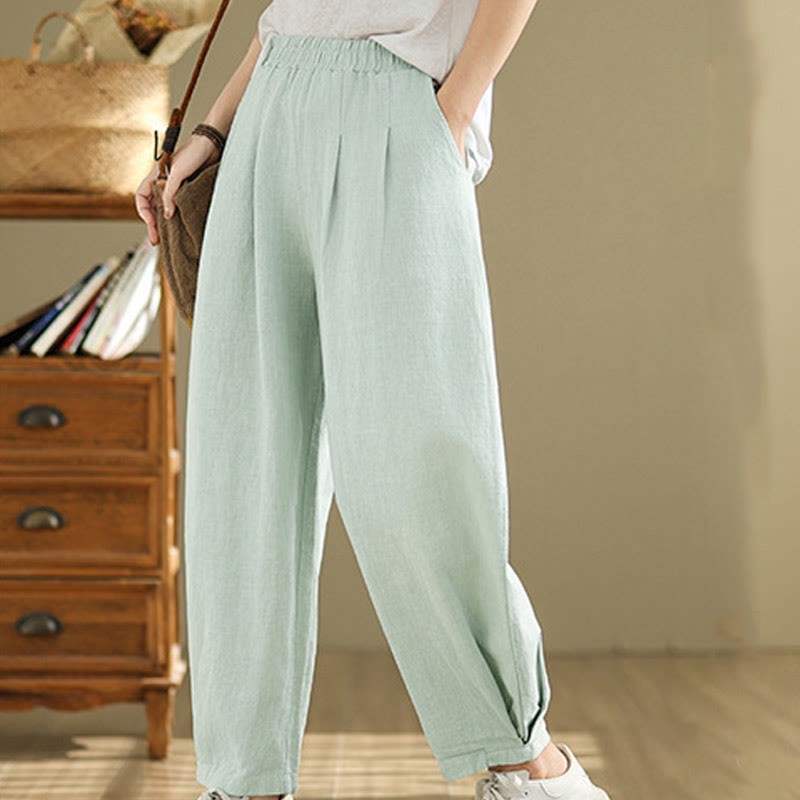 Casual Solid Color Tapered Elastic Waistband Cotton Linen Women's Pants With Pockets