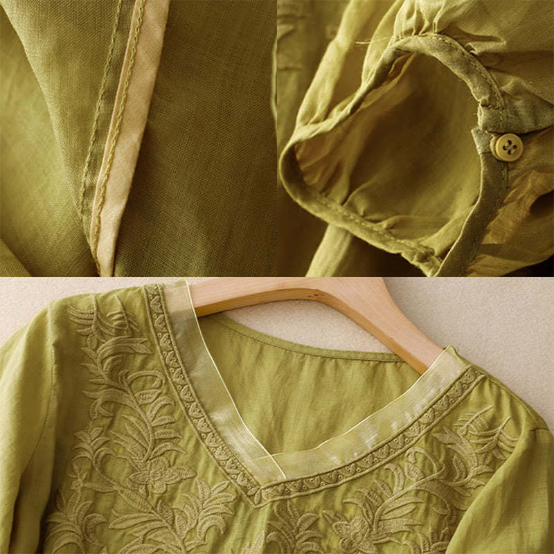 Vintage Casual Pure Leaf Embroidery V-Neck Half Sleeve Cotton Linen Women's T-Shirt