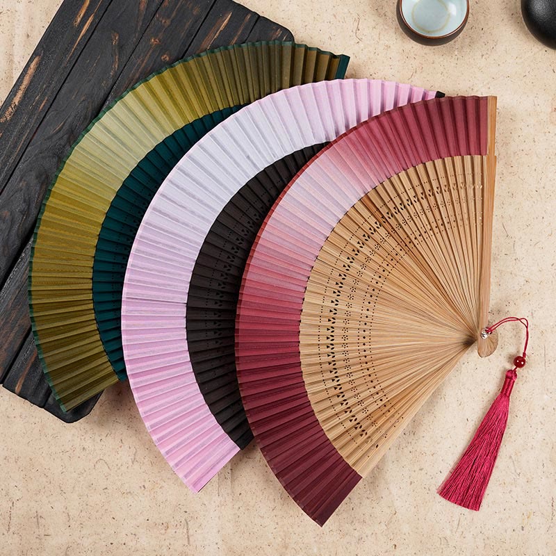 Solid Color Gradient Hollow Engraved Handheld Bamboo Folding Fan