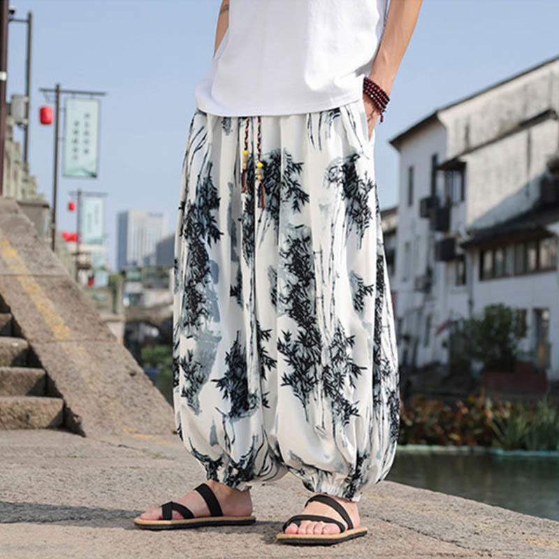 Bamboo Leaves Pattern Loose Men's Harem Pants With Pockets