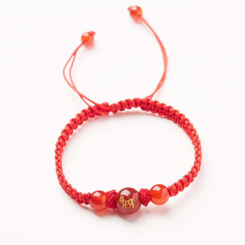 Natural Red Agate Chinese Zodiac Red String Braided Protection Luck Bracelet