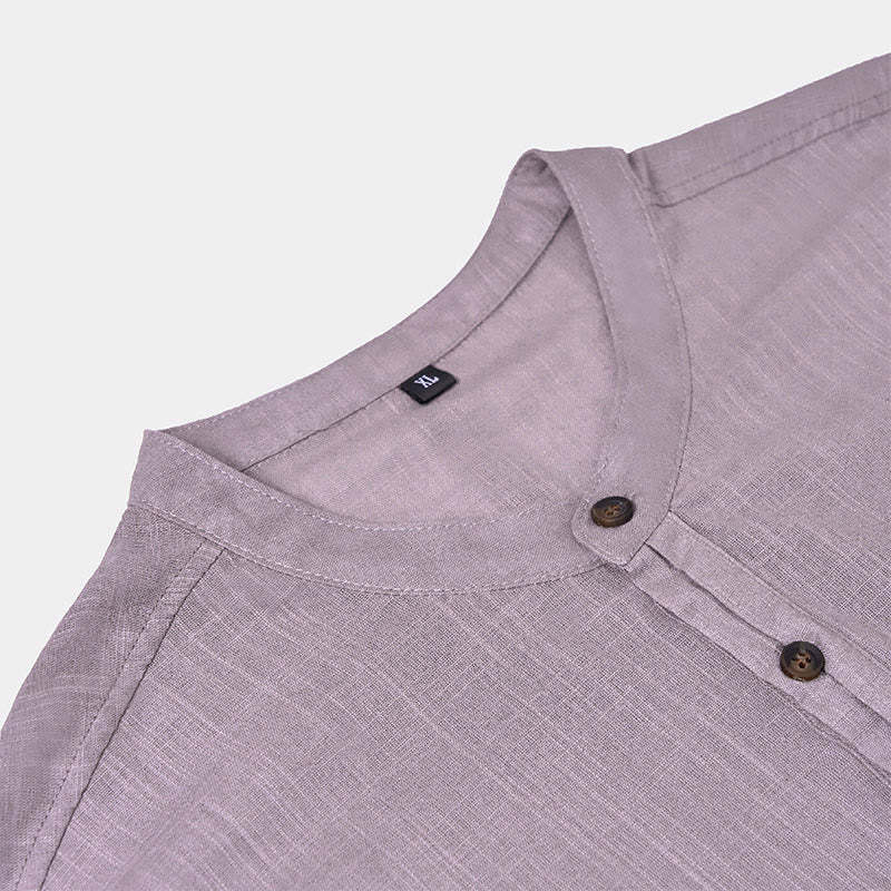 Men's Summer Solid Color Short Sleeve Half Button Cotton Linen Shirt