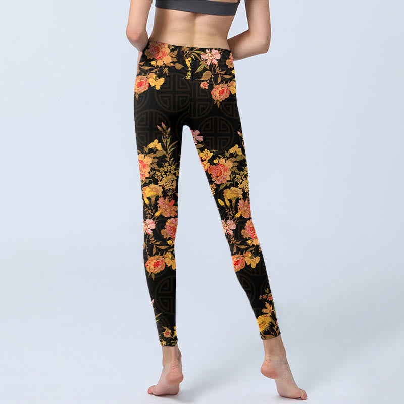 Yellow Pink Flowers Green Leaves Print Gym Fitness Leggings Women's Yoga Pants