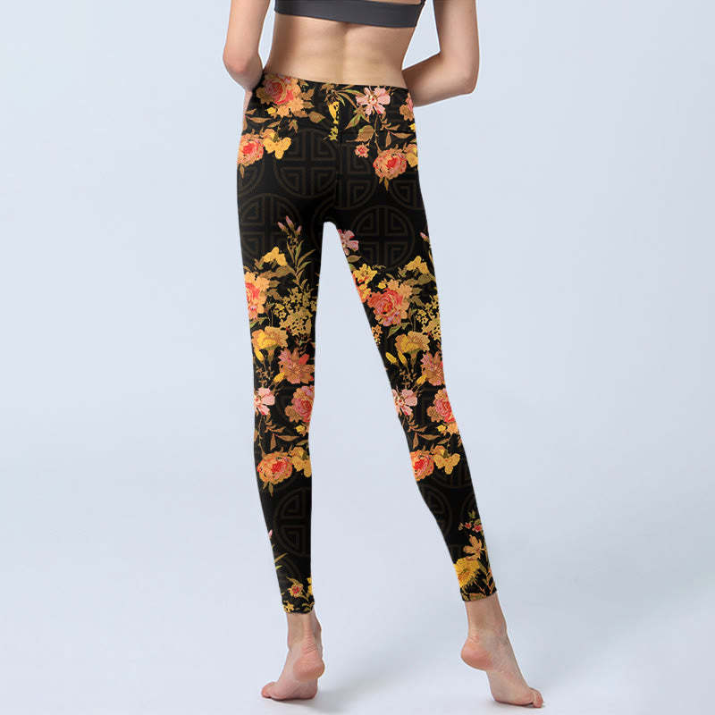Yellow Pink Flowers Green Leaves Print Gym Fitness Leggings Women's Yoga Pants