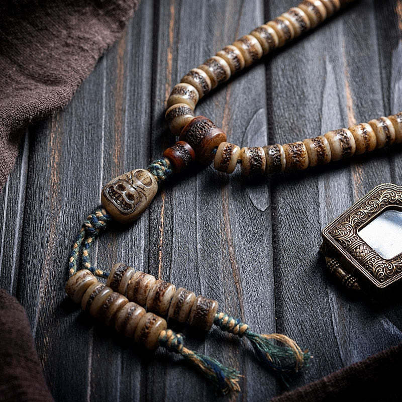 Tibetan 108 Mala Beads Yak Bone Dzi Bead The Lord of the Corpse Forest Strength Bracelet