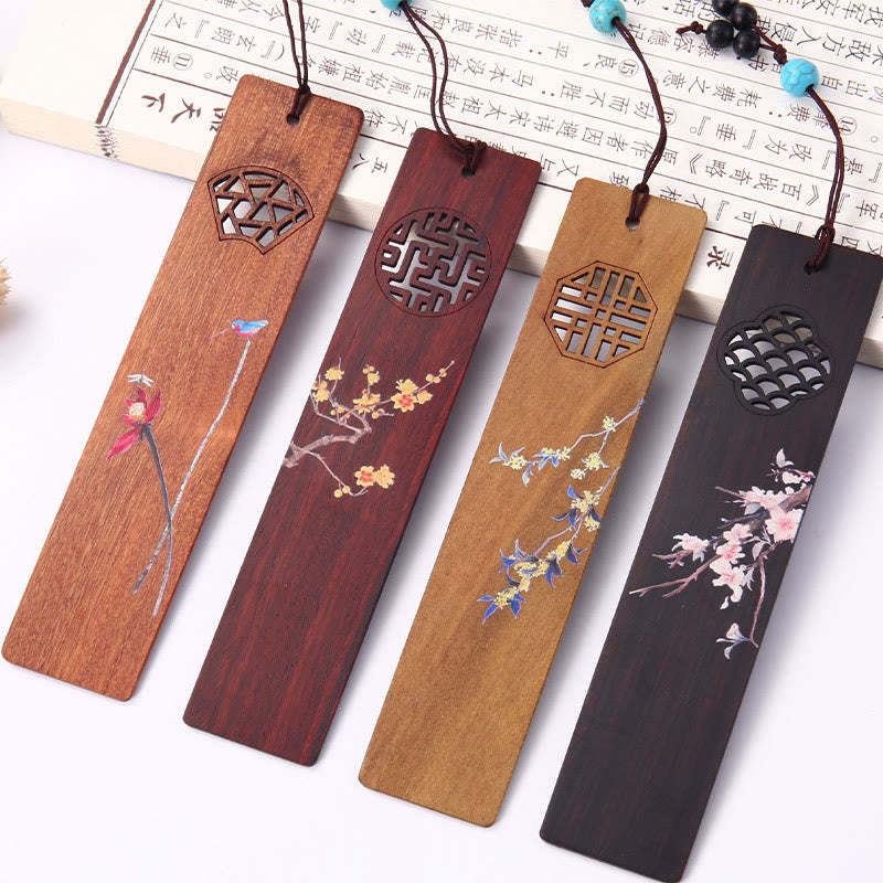 4Pcs Four Seasons Plum Orchid Bamboo Chrysanthemum Peking Opera Mask Wood Bookmarks With Gift Box
