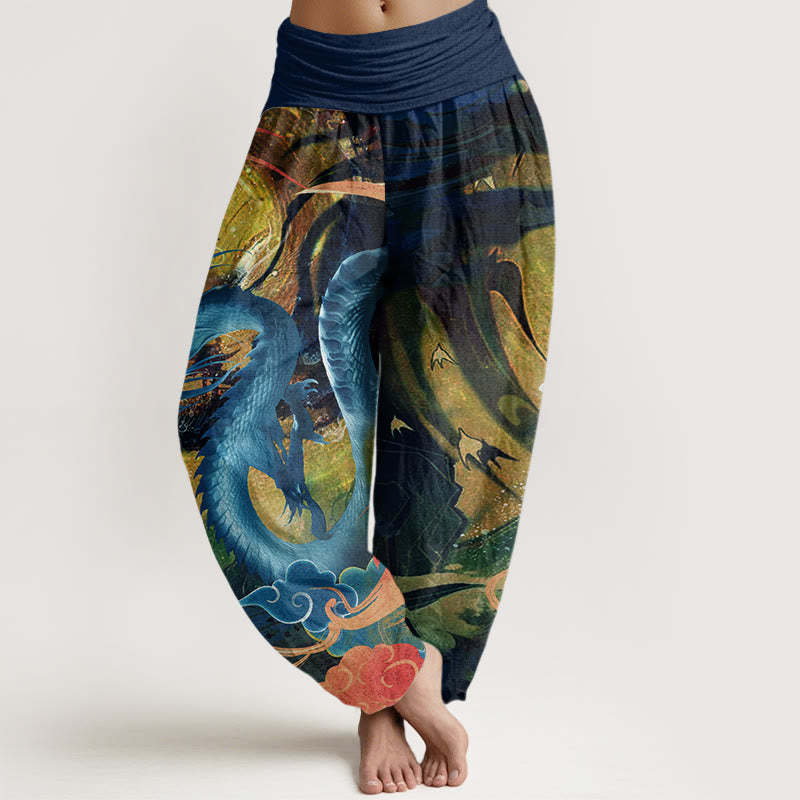 Dragon Auspicious Clouds Pattern Women's Elastic Waist Harem Pants