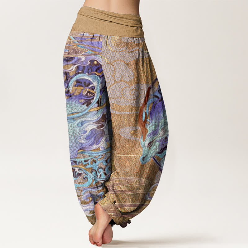 Dragons Auspicious Clouds Pattern Women's Elastic Waist Harem Pants