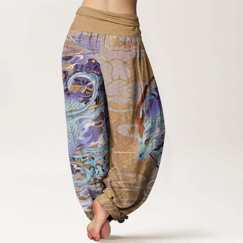 Dragons Auspicious Clouds Pattern Women's Elastic Waist Harem Pants