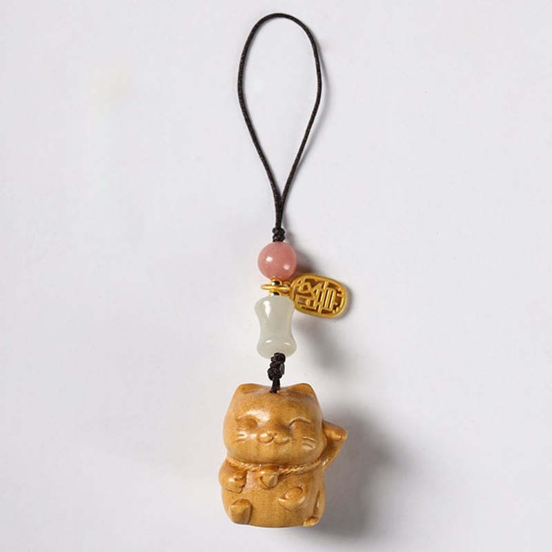 Small Leaf Red Sandalwood Green Sandalwood Sandalwood Lucky Cat Protection Key Chain Phone Hanging Decoration