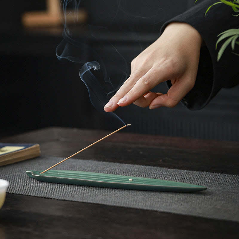 Green Bamboo Leaf Healing Ceramic Incense Burner Decoration