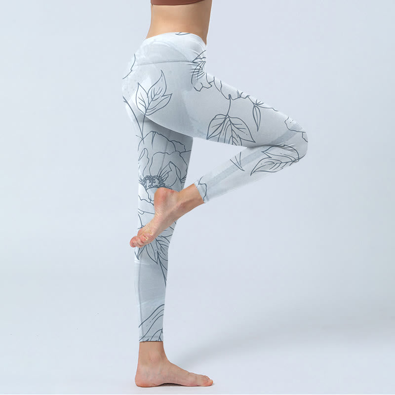 Peony Flower Leaves Print Gym Leggings Women's Yoga Pants