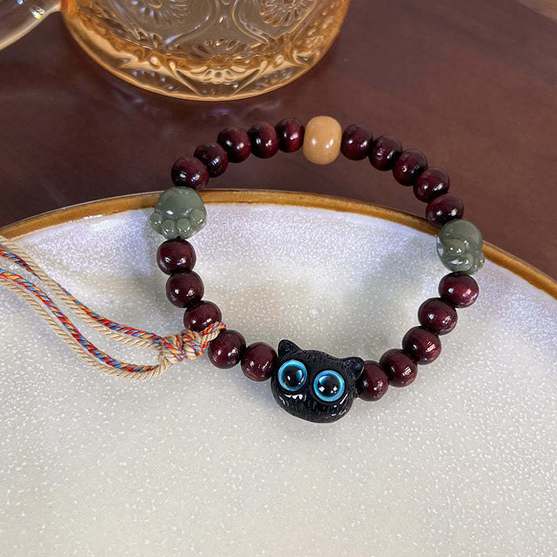 Ebony Wood Lovely Cat Jade Paw Peace Tassel Wood Bracelet