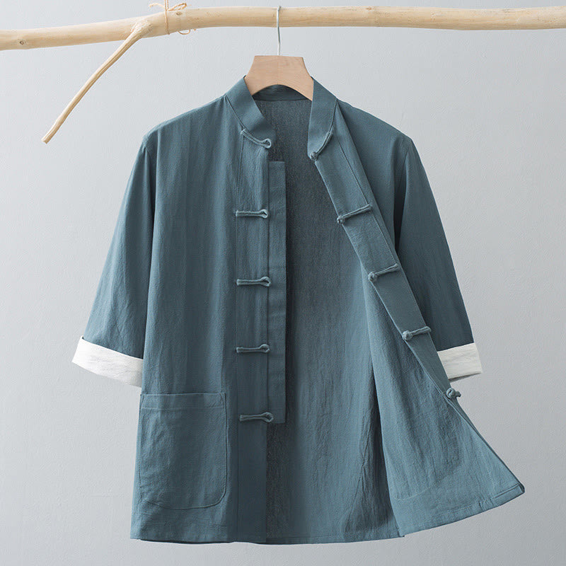 Frog-Button Chinese Tang Suit Half Sleeve Shirt Cotton Men Clothing With Pockets