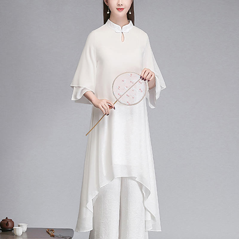 Solid Women's Three Quarter Sleeve Chiffon Irregular Shirt Dress Wide Leg Pants Meditation Clothing