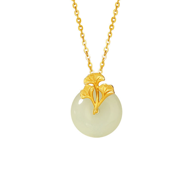 925 Sterling Silver Hetian Jade Ginkgo Leaves Prosperity Necklace Pendant