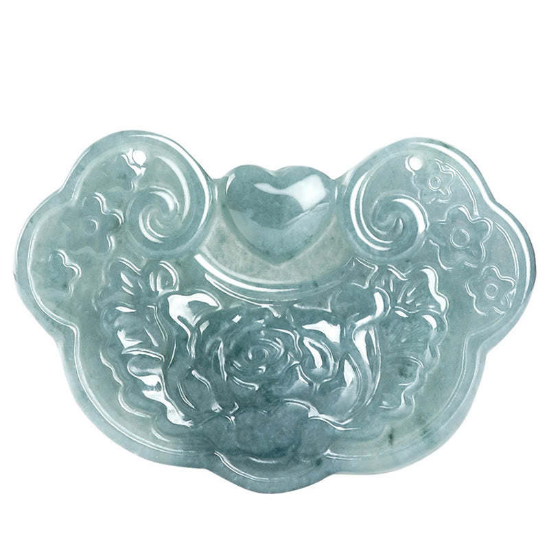 Natural Jade Peony Flower Lock of Good Wishes Prosperity Necklace Pendant