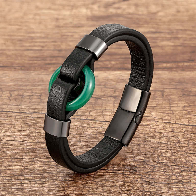 Round Green Aventurine Black Onyx Hematite Agate Rose Quartz Stone Balance Leather Magnetic Buckle Bracelet