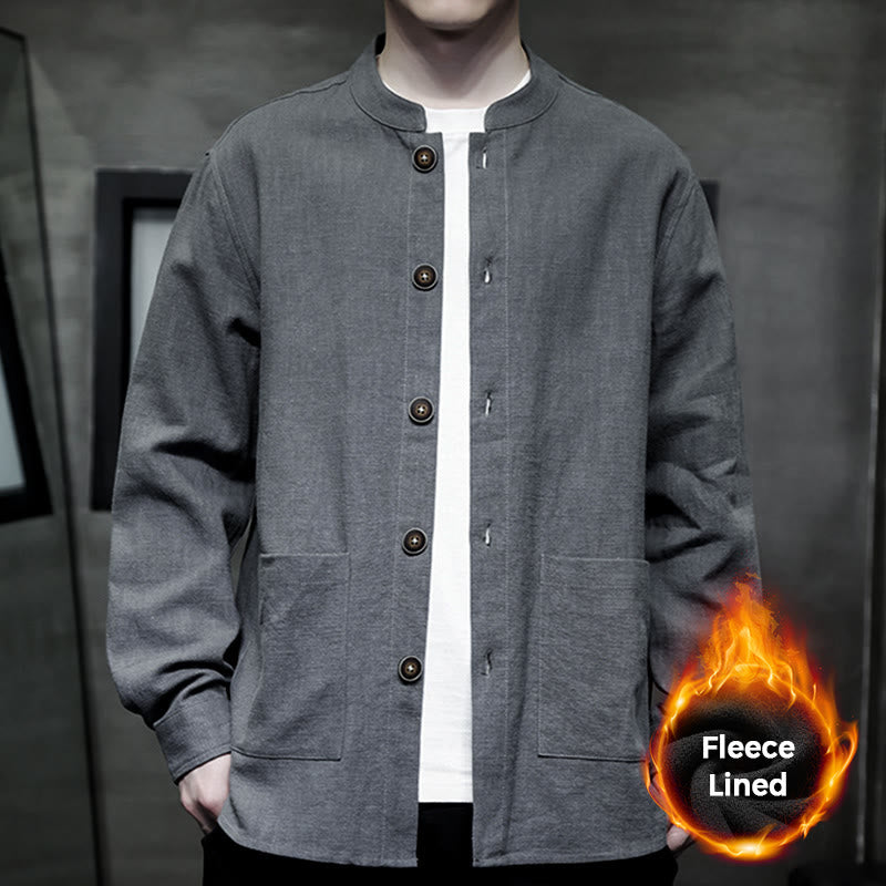 Men's Button Ramie Linen Cotton Fleece Lined Jacket Shirt With Pockets