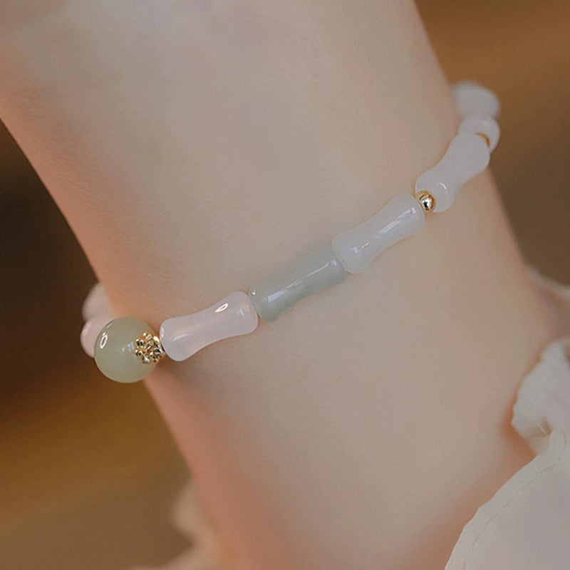 14K Gold Plated Hetian White Jade Bamboo Leaf Luck Protection Bracelet