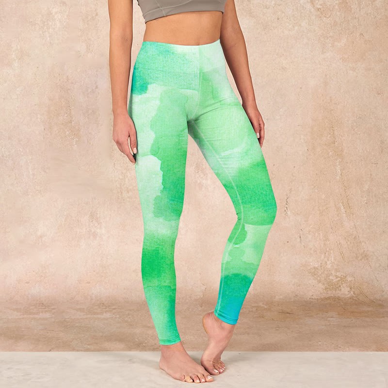 Green Ink Wash Pattern Gym Leggings Women's Yoga Pants