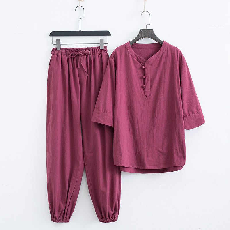 Solid Color Traditional Cotton Linen Short Sleeve T-shirt Pants Clothing Men's Set