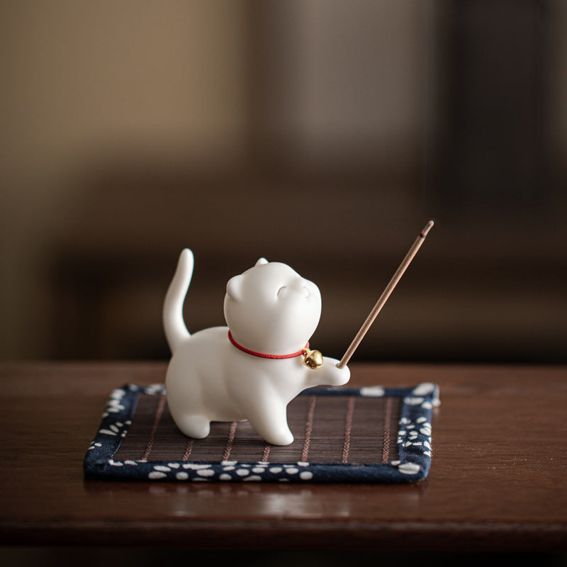 Mini Lucky Cat Kitten Tea Pet Ceramic Home Desk Figurine Decoration With Bamboo Mat
