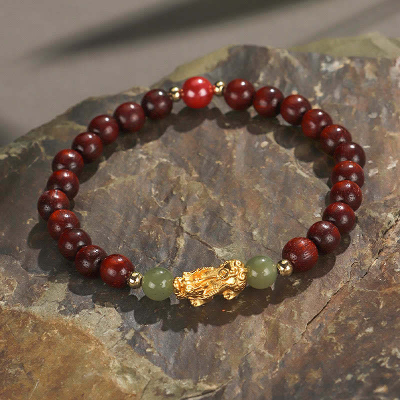 999 Sterling Silver Sandalwood Ebony Wood Small Leaf Red Sandalwood Hetian Jade Cinnabar PiXiu Wealth Bracelet