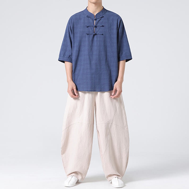 Frog-Button Plaid Pattern Chinese Tang Suit Half Sleeve Shirt Cotton Linen Men Clothing
