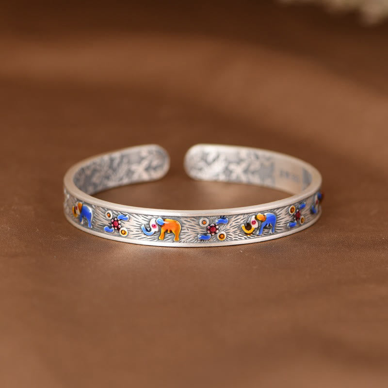 999 Sterling Silver Elephant Strength Wisdom Bracelet Cuff Bangle
