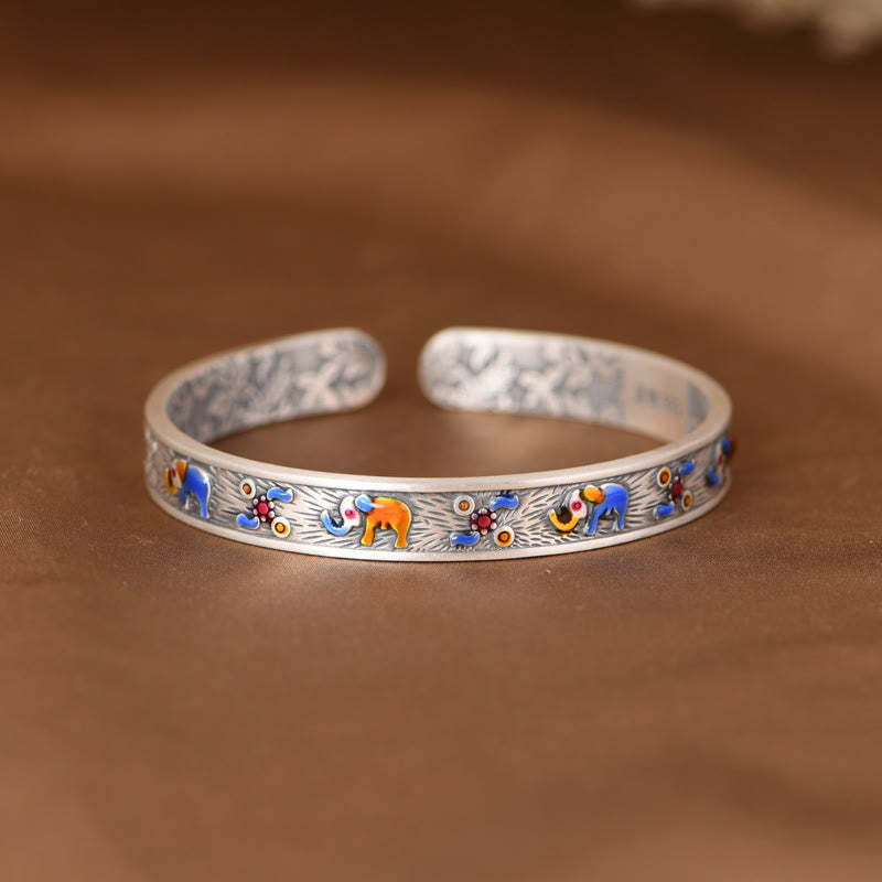 999 Sterling Silver Elephant Strength Wisdom Bracelet Cuff Bangle