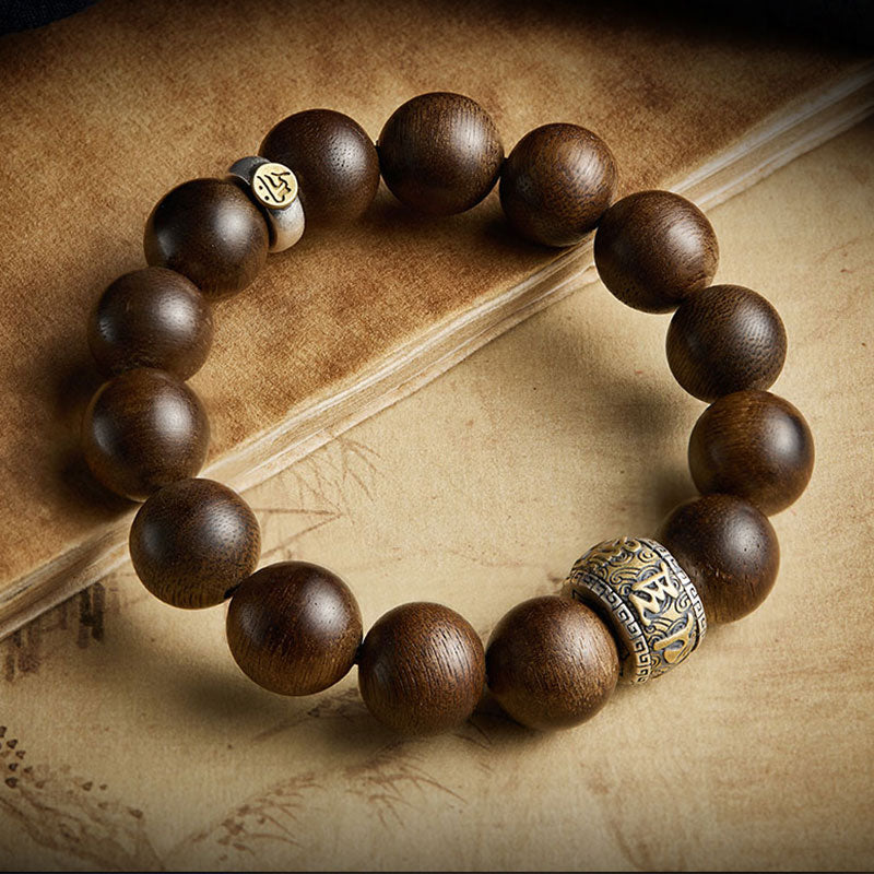 Chinese Zodiac Natal mystic zen Kalimantan Agarwood Om Mani Padme Hum 925 Sterling Silver Bracelet