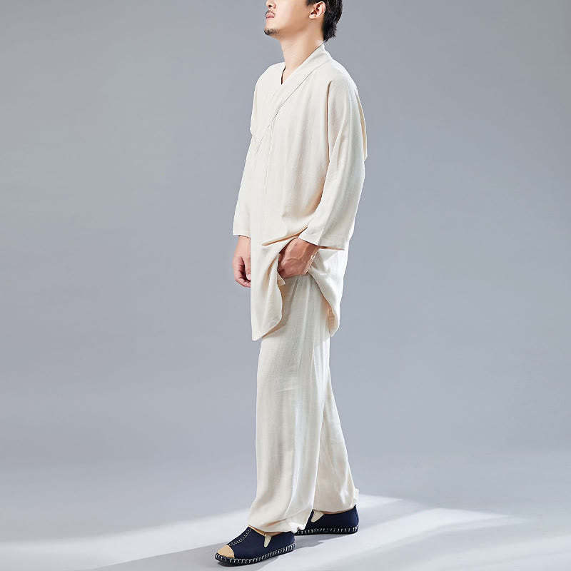 2Pcs V-Neck Men's Long Sleeve Shirt Top Pants Meditation Zen Tai Chi Cotton Linen Clothing Set